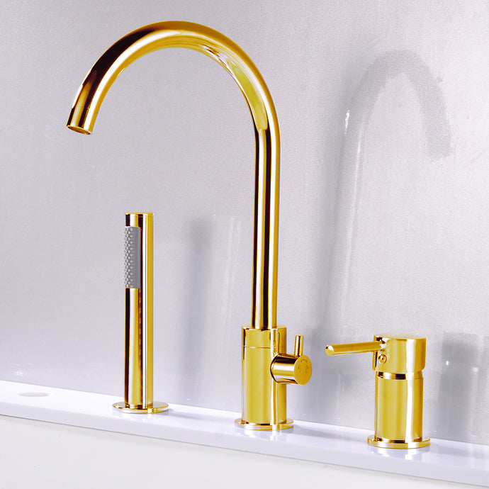 Modern Deck Mounted Metal Tub Filler Gooseneck Faucet in Black/Gold/Silver