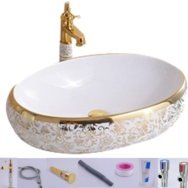 Traditional Vessel Lavatory Sink Oval-Shape Porcelain with Faucet Bathroom Sink