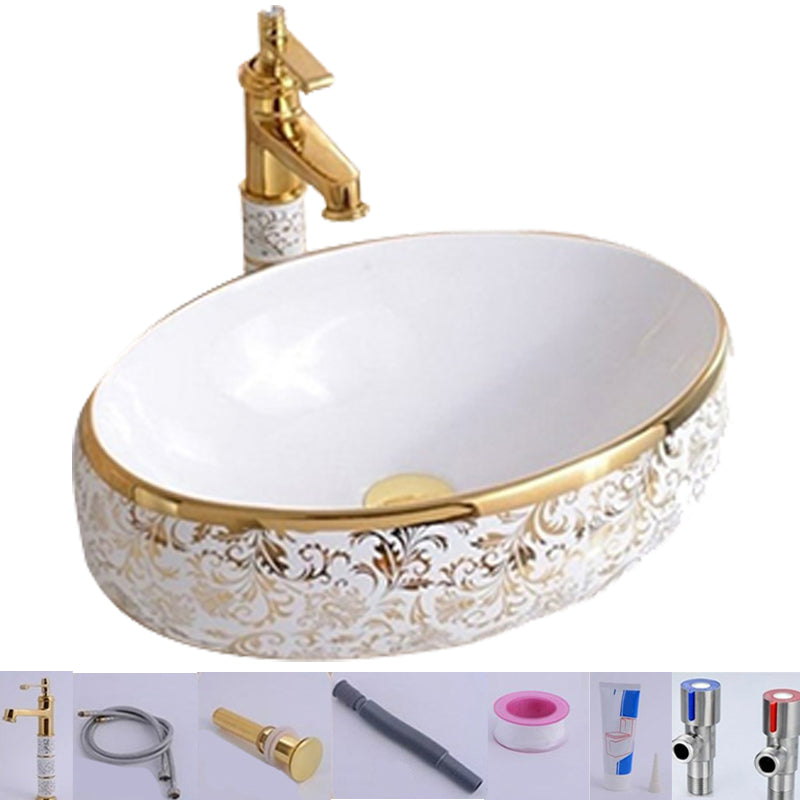 Traditional Vessel Lavatory Sink Oval-Shape Porcelain with Faucet Bathroom Sink