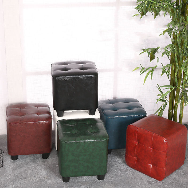 Modern Square Pouf Pure Color Tufted Upholstered Faux Leather Cube Ottoman