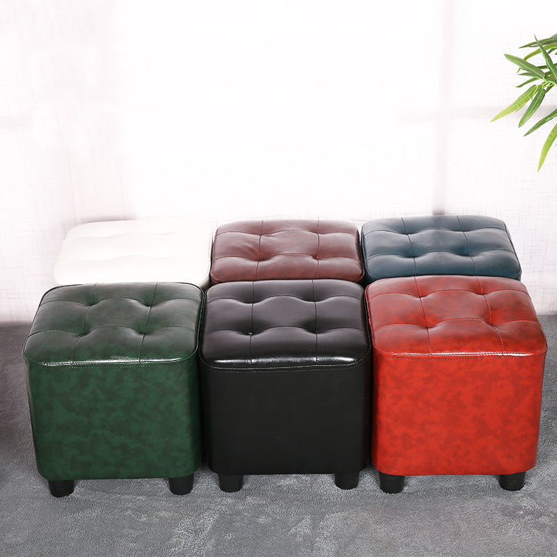 Modern Square Pouf Pure Color Tufted Upholstered Faux Leather Cube Ottoman