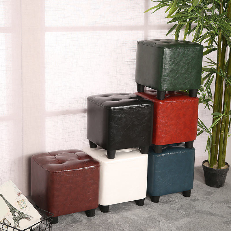 Modern Square Pouf Pure Color Tufted Upholstered Faux Leather Cube Ottoman