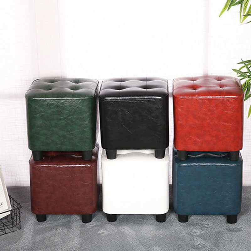 Modern Square Pouf Pure Color Tufted Upholstered Faux Leather Cube Ottoman