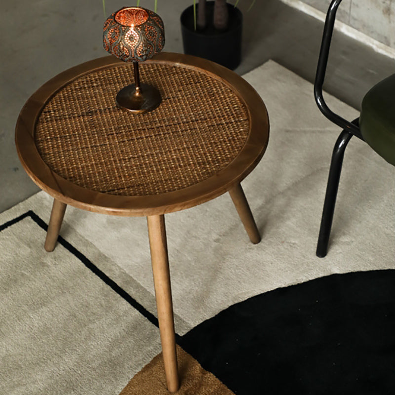 Modern Round Side Table 3 Legs End Table with Rattan Accents