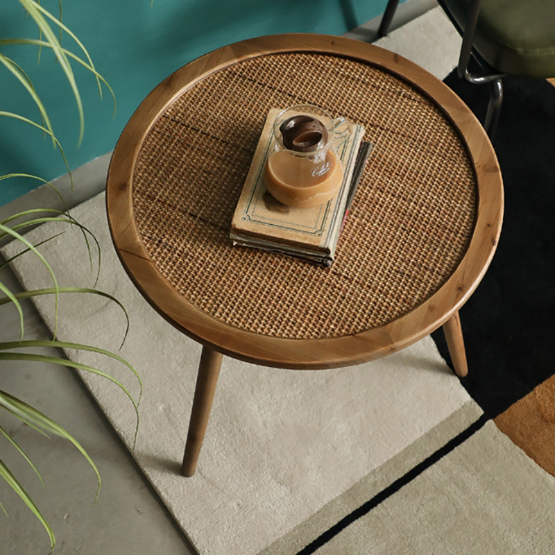 Modern Round Side Table 3 Legs End Table with Rattan Accents