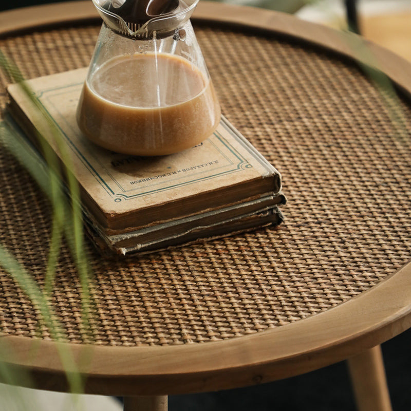 Modern Round Side Table 3 Legs End Table with Rattan Accents