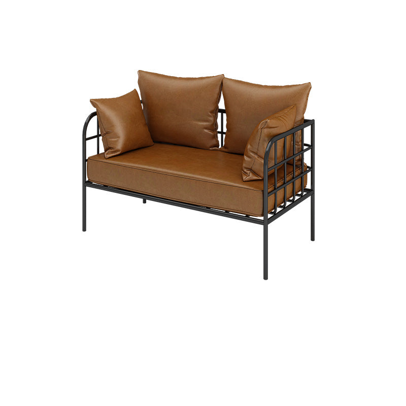 Industrial Tuxedo Arm Sofa with Pillows Seating Leather and Metal