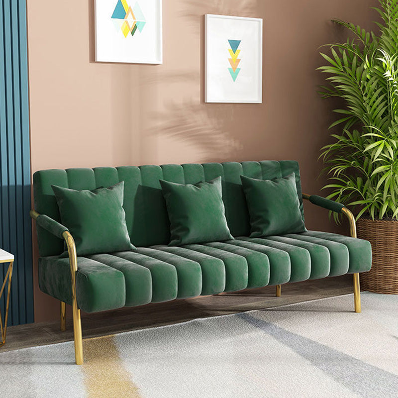 Recessed Arm Sofa Stain Velvet/Faux Leather Sofa with Pillows