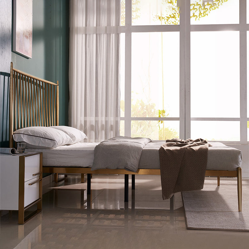 Modern Slat Bed Spindle Metal Open-Frame Bed with Legs in Gold
