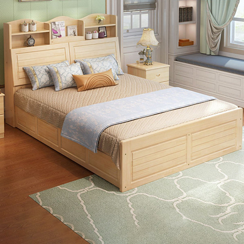 Solid Wood Bed Frame Headboard Standard Bed with Storage in Light Brone