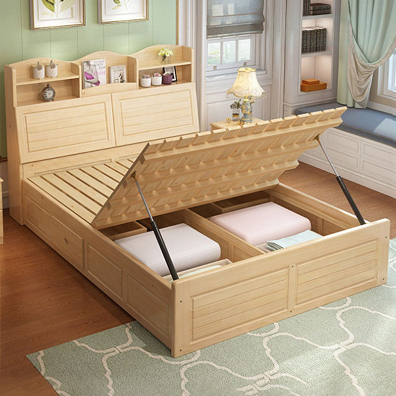 Solid Wood Bed Frame Headboard Standard Bed with Storage in Light Brone