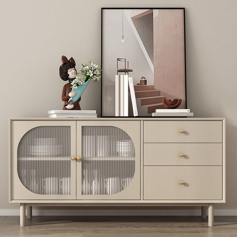 Solid Wood Glass/Rattan Door Cabinet Mid Century Beige Chest with Drawers