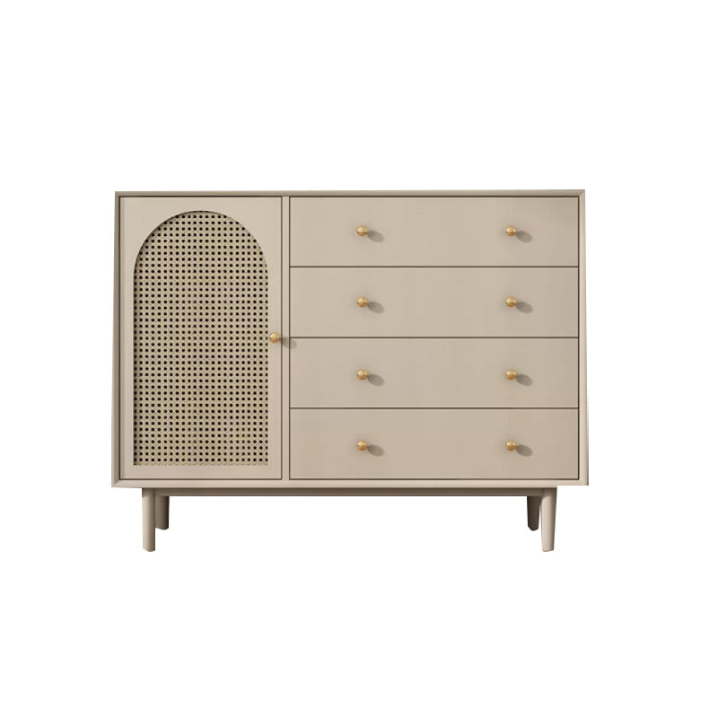 Solid Wood Glass/Rattan Door Cabinet Mid Century Beige Chest with Drawers