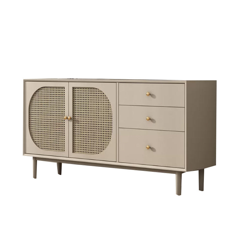 Solid Wood Glass/Rattan Door Cabinet Mid Century Beige Chest with Drawers