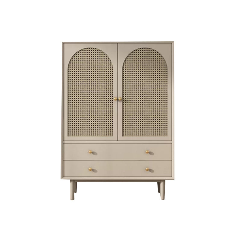 Solid Wood Glass/Rattan Door Cabinet Mid Century Beige Chest with Drawers