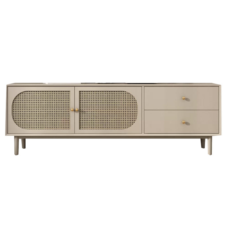 Solid Wood Glass/Rattan Door Cabinet Mid Century Beige Chest with Drawers