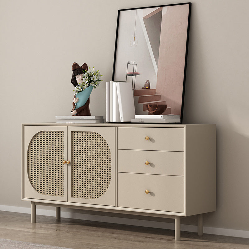 Solid Wood Glass/Rattan Door Cabinet Mid Century Beige Chest with Drawers