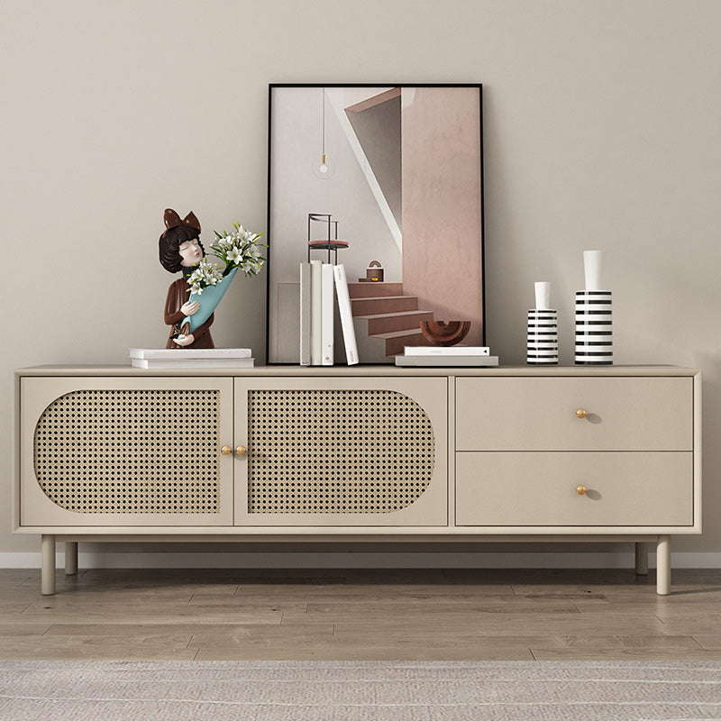 Solid Wood Glass/Rattan Door Cabinet Mid Century Beige Chest with Drawers