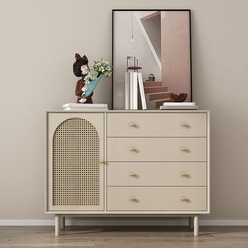 Solid Wood Glass/Rattan Door Cabinet Mid Century Beige Chest with Drawers
