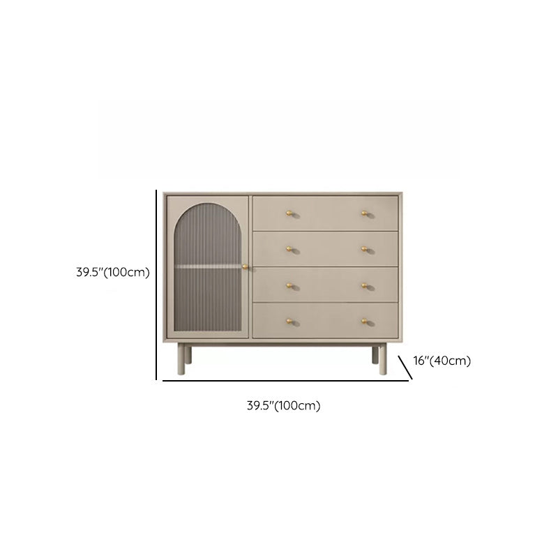 Solid Wood Glass/Rattan Door Cabinet Mid Century Beige Chest with Drawers