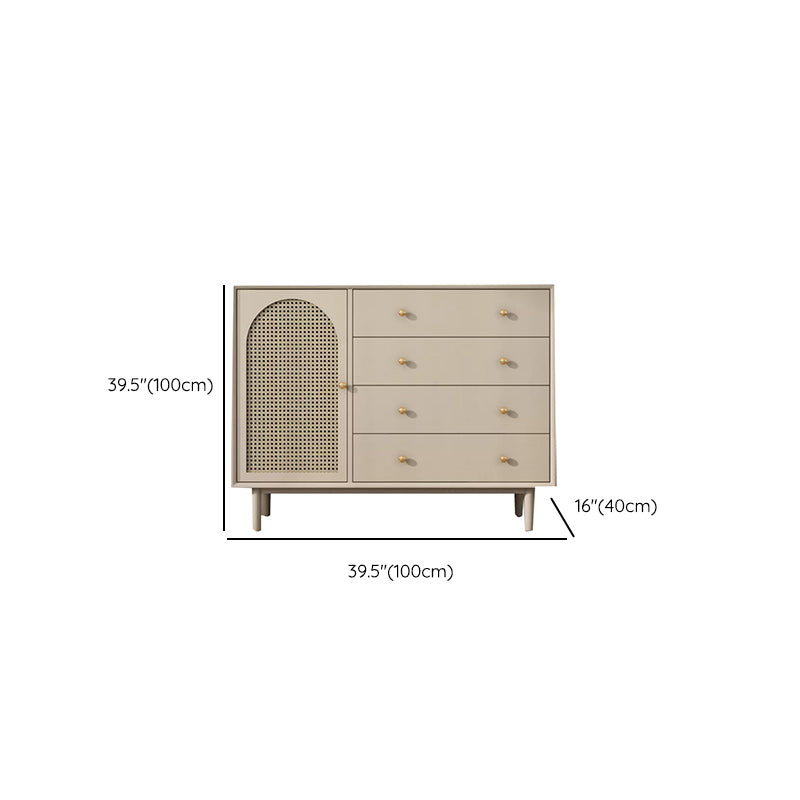 Solid Wood Glass/Rattan Door Cabinet Mid Century Beige Chest with Drawers