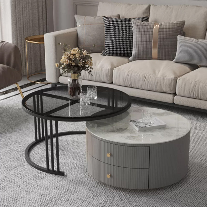 Modern Round End Table Living Room No Distressing Side Table with Drawers