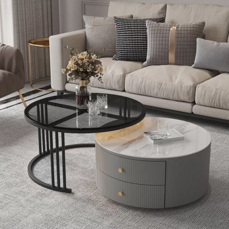 Modern Round End Table Living Room No Distressing Side Table with Drawers