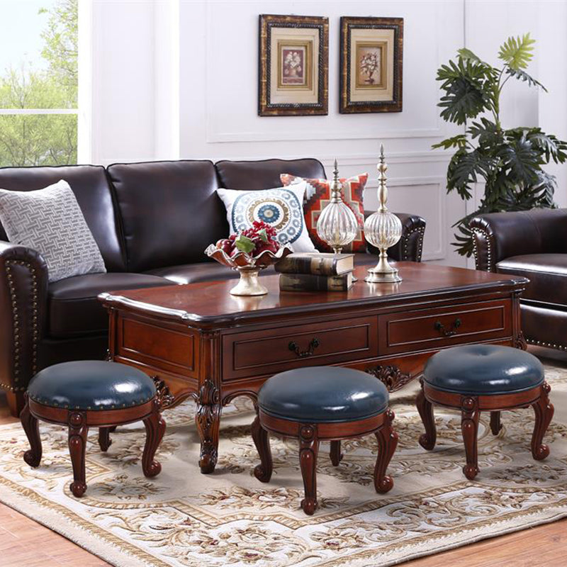 Mid-Century Modern Ottoman Genuine Leather Upholstered Nailhead Trim Round Ottoman