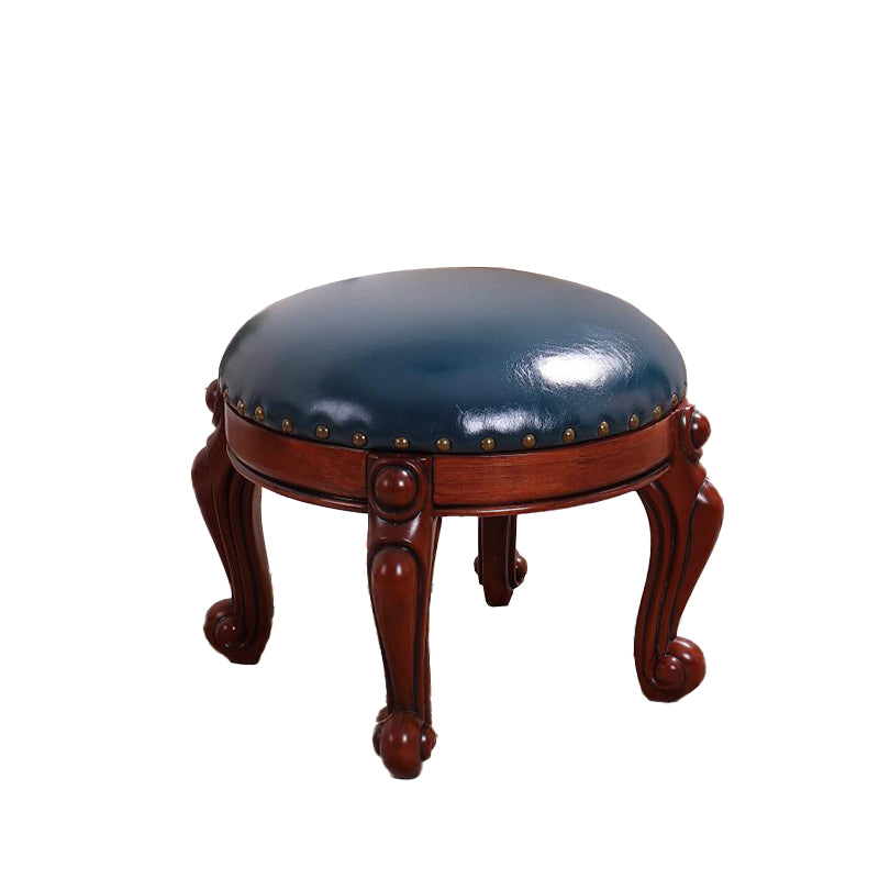 Mid-Century Modern Ottoman Genuine Leather Upholstered Nailhead Trim Round Ottoman