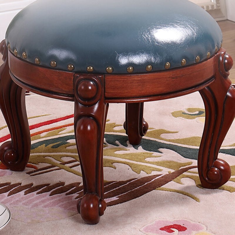 Mid-Century Modern Ottoman Genuine Leather Upholstered Nailhead Trim Round Ottoman