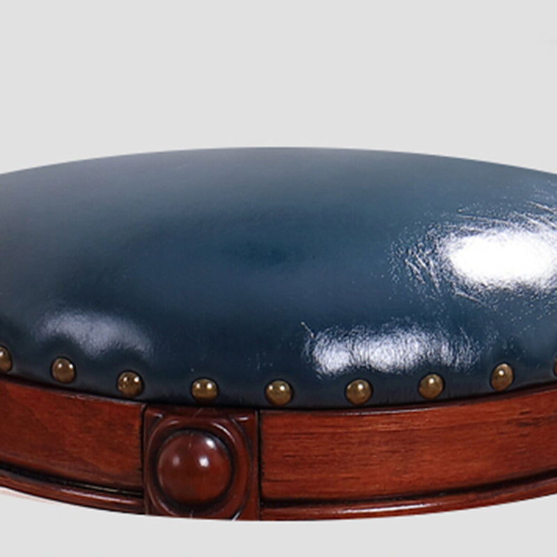 Mid-Century Modern Ottoman Genuine Leather Upholstered Nailhead Trim Round Ottoman