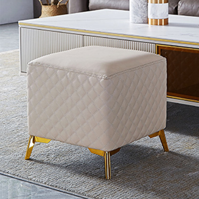 Glam Ottoman Genuine Leather Upholstered Diamond Lattice Square Ottoman with Metal Legs