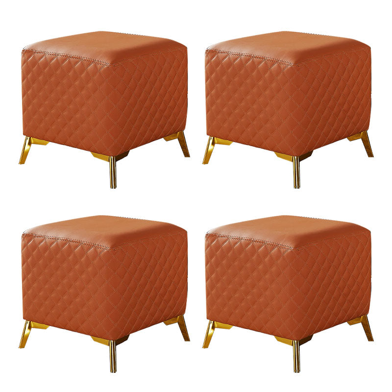Glam Ottoman Genuine Leather Upholstered Diamond Lattice Square Ottoman with Metal Legs