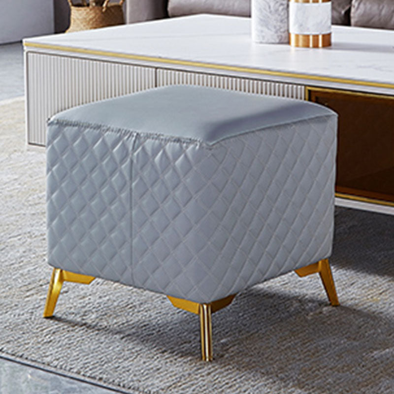Glam Ottoman Genuine Leather Upholstered Diamond Lattice Square Ottoman with Metal Legs