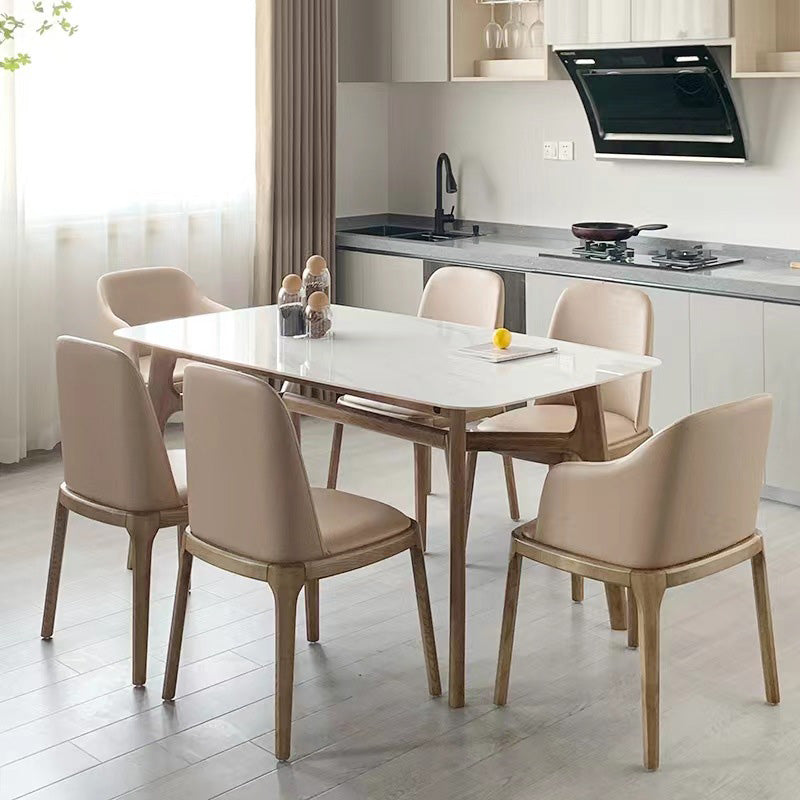 Mid-Century Dining Table with Brown Wood Frame Stone Top Dinette Table