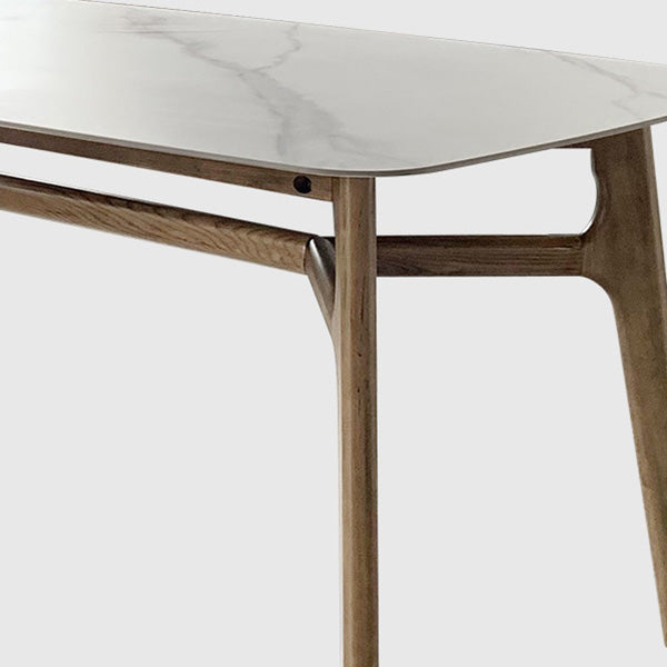 Mid-Century Dining Table with Brown Wood Frame Stone Top Dinette Table