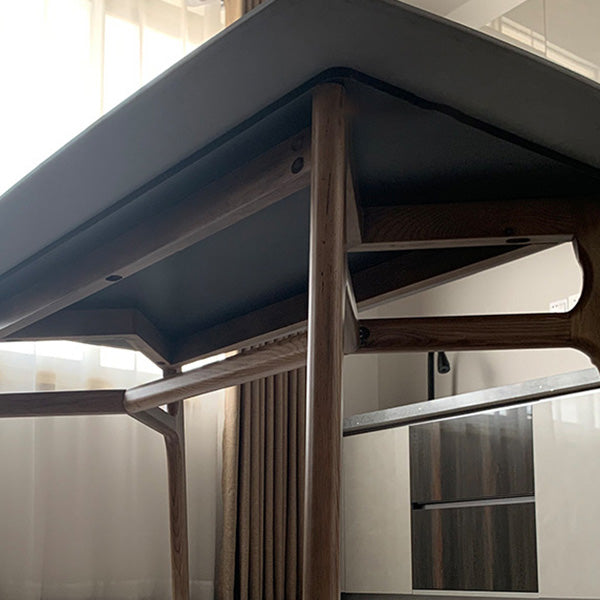 Mid-Century Dining Table with Brown Wood Frame Stone Top Dinette Table
