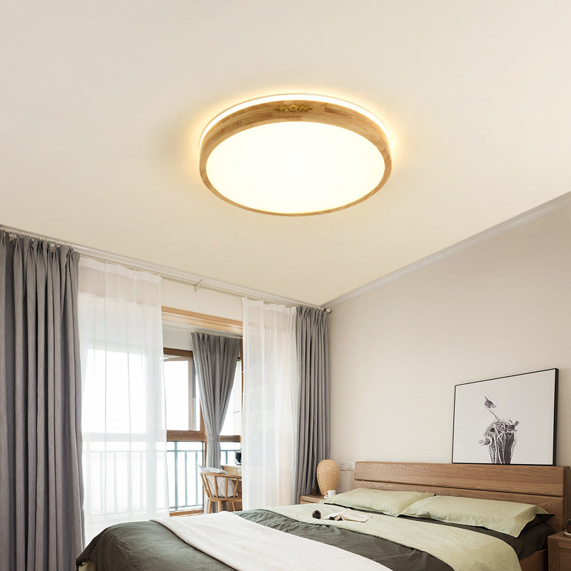 Modern Style Round Shape Flush Mount Wood 1-Light Ceiling Light for Bedroom