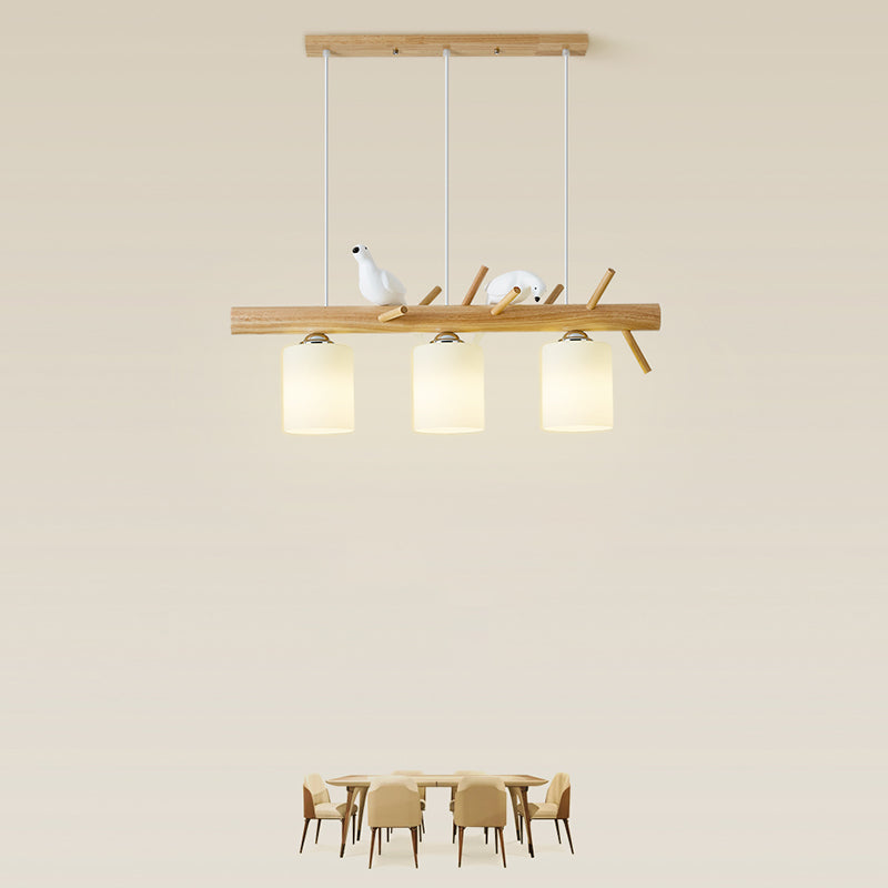 Modern Wood Pendant Light Cylinder Shape Island Light with Glass Shade for Bedroom