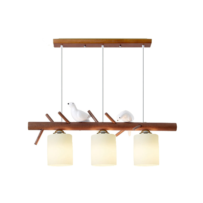 Modern Wood Pendant Light Cylinder Shape Island Light with Glass Shade for Bedroom