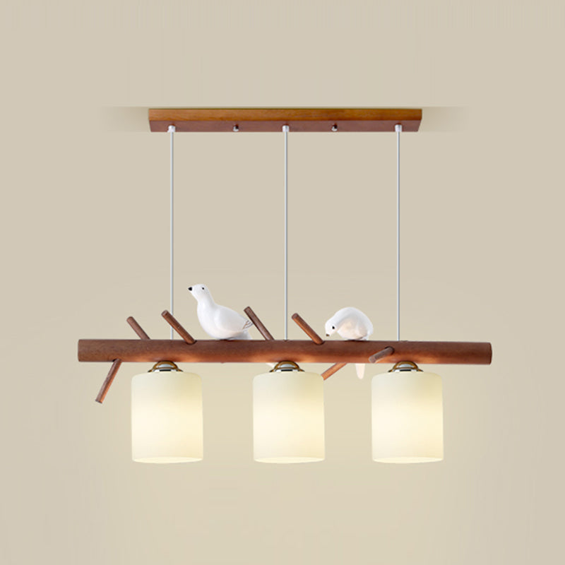 Modern Wood Pendant Light Cylinder Shape Island Light with Glass Shade for Bedroom