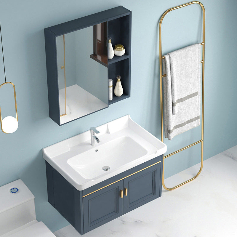 Blue Rectangle Vanity Set Metal Frame Wall-Mounted 2 Doors Mirror Single Sink Bath Vanity