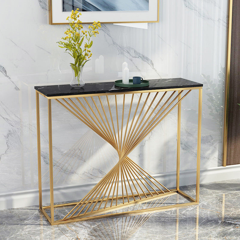 Glam Console Accent Table Antique Finish Rectangle Console Table in Marble