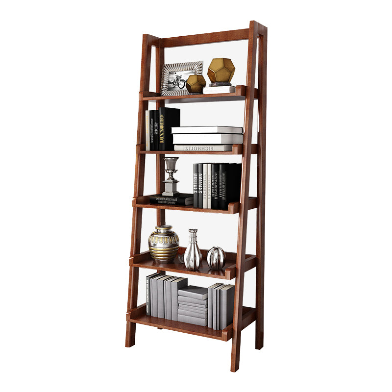 Open Back Walnut Bookcase Contemporary Ladder Bookshelf with Shelves