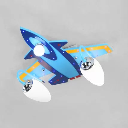 Lámpara de techo de madera y vidrio para avión de combate, luz azul fría para montaje en techo, para dormitorio de niños