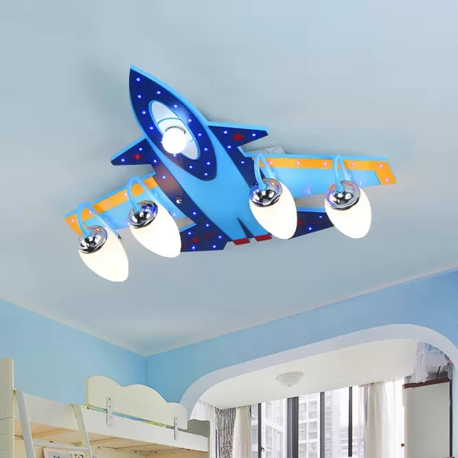 Lámpara de techo de madera y vidrio para avión de combate, luz azul fría para montaje en techo, para dormitorio de niños