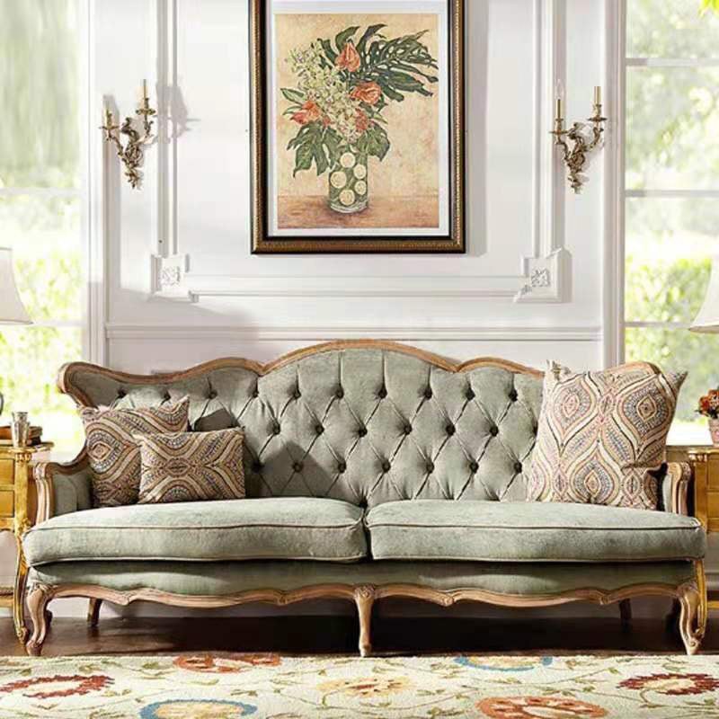 French Country Sofa Wooden Tufted Split-Back Settee for Living Room