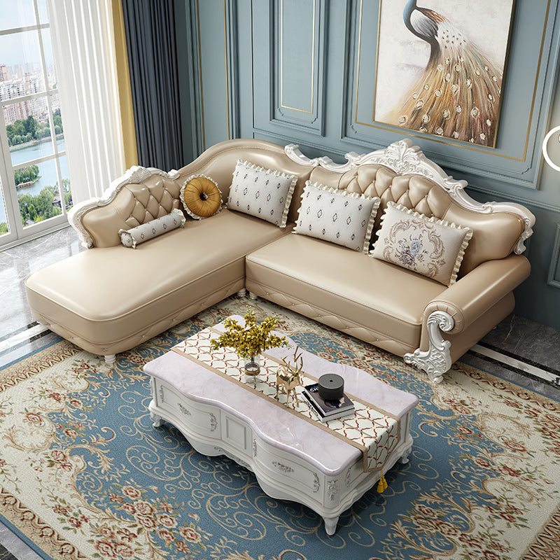 Tufted Scroll Arm Chesterfield Sofa and Chaise Genuine Leather Sofa with Pillows