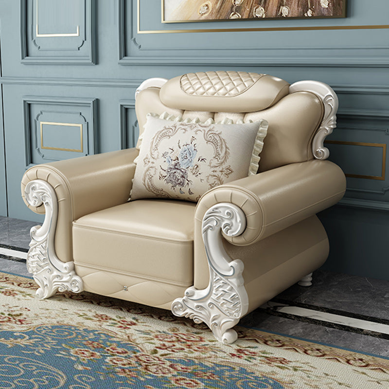 Tufted Scroll Arm Chesterfield Sofa and Chaise Genuine Leather Sofa with Pillows