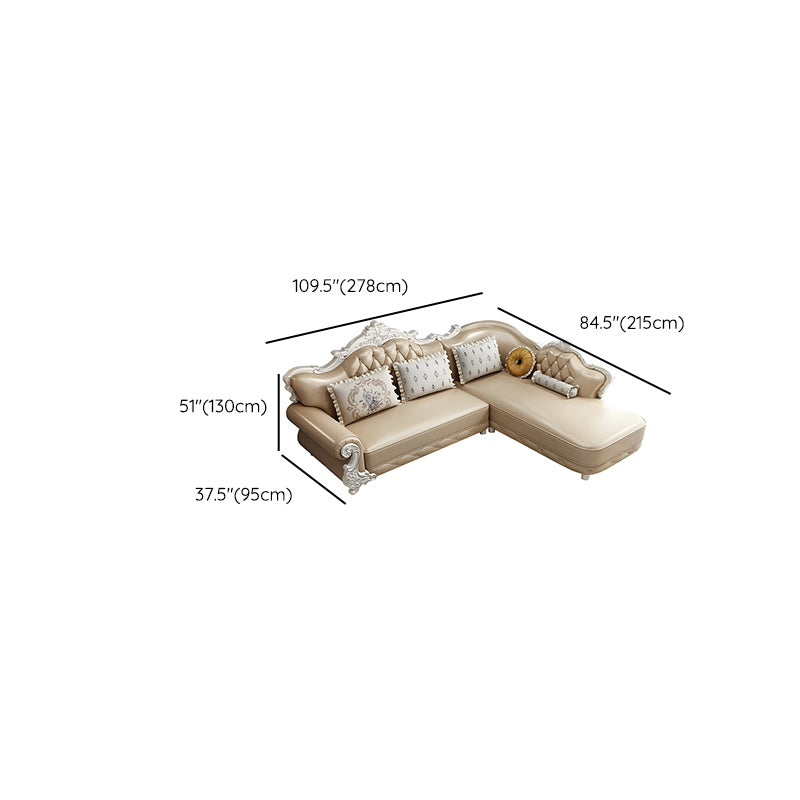 Tufted Scroll Arm Chesterfield Sofa and Chaise Genuine Leather Sofa with Pillows